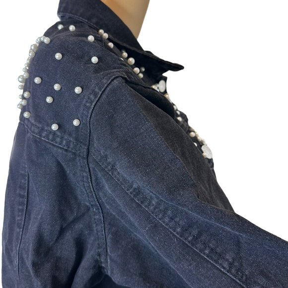 Womens Wash Denim Jackets Large Black White Mid Length Decorated With Pearls - Picture 11 of 16